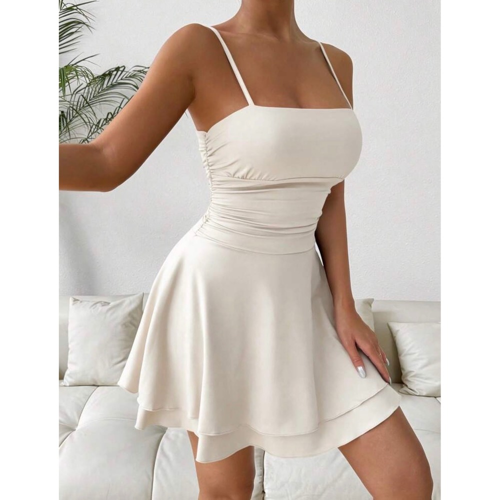 SHEIN Ruched Tiered Mini Dress Women Large Beige Square Neck Spaghetti Strap